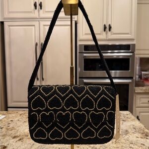 Studio12 Handmade in India Black and Gold Beaded Hearts Shoulder Bag